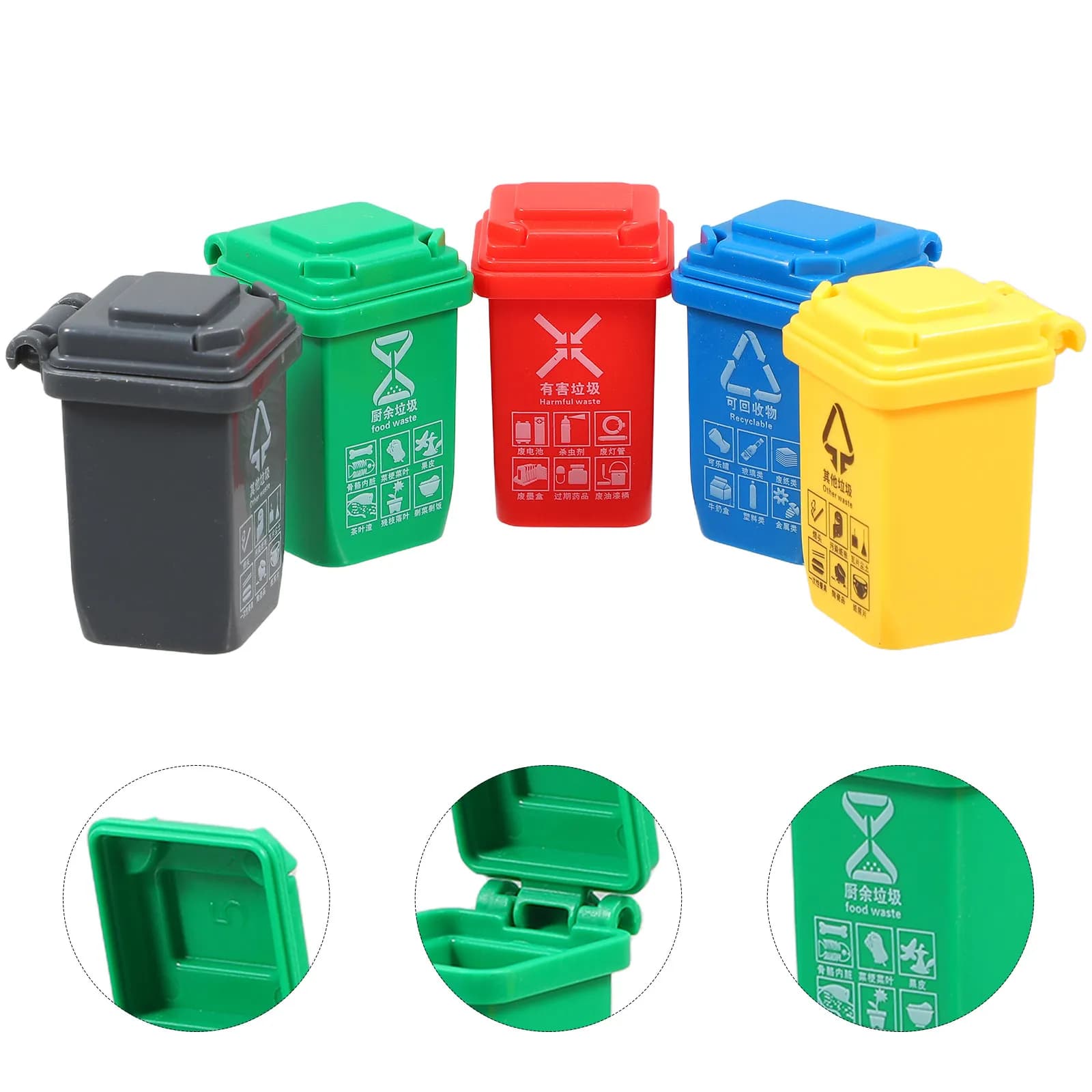 5Pcs Mini Recycling Bins Set Vibrant Color Sorting Trash Cans for Kids Environmental Learning Desktop Miniature Scene Prop Decor