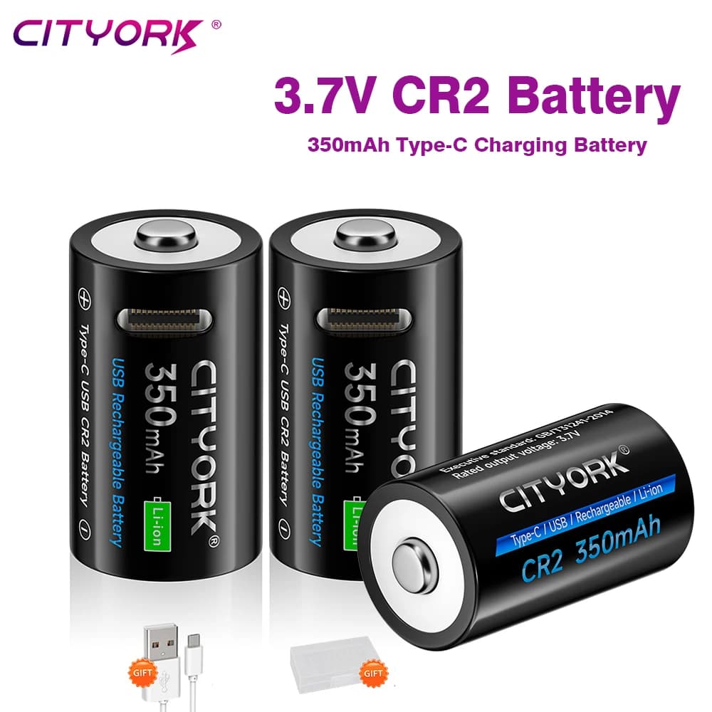 Batteria Ricaricabile al Litio CR2 3.7V 350mAh con Porta di Ricarica USB per Microfoni, Fotocamere, Rilevatori di Fumo