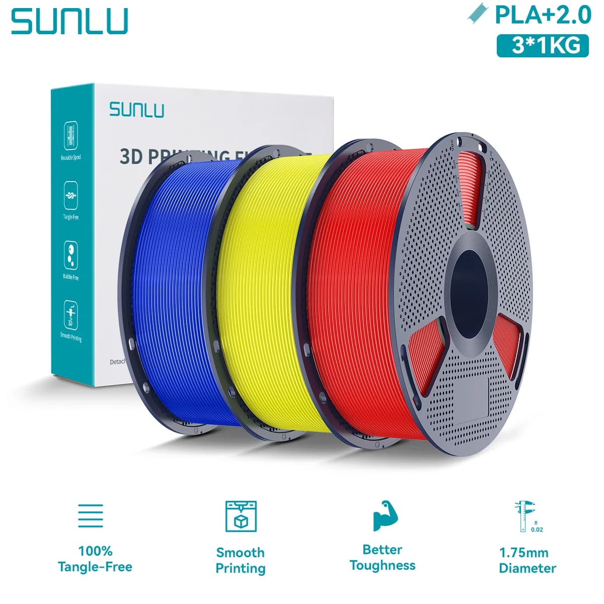 3D SUNLU PLA PLUS 2.0 1.75mm - PLA Plus Advanced, Stronger and Resistant, Wrap with Precision, Colorful Filament for 3D FDM Printers - 3KG