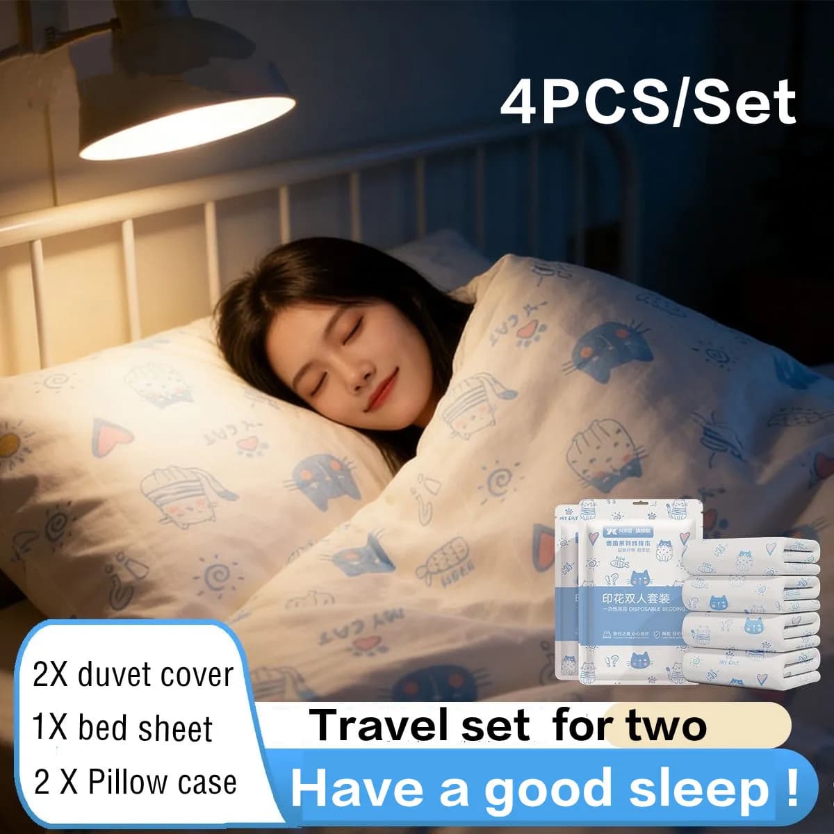 Set of disposable bed linen from travel | Bed sheets and Protective pillows for Hygiene in Hotel | Sleeps Good Anywhere