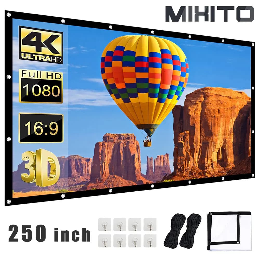 MIXITO 250 Inch White Wrinkle Projector Screen High Density Folding Portable Outdoor Projector Film Screen