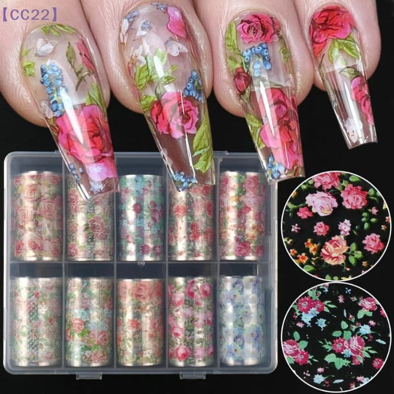 【CC22】10 rotoli di fogli decorativi per unghie con rose e fiori, adesivi per nail art con farfalle e decorazioni floreali, decorazioni fai da te per manicure {C}
