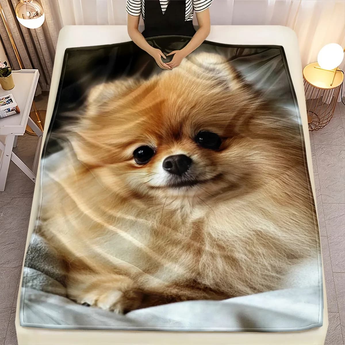 Adorable Pomeranian Dog Print Fleece Blanket Cozy Flannel Throw Pet Lover Gift Soft Warm Bedding Home Decoration DogPatternCover