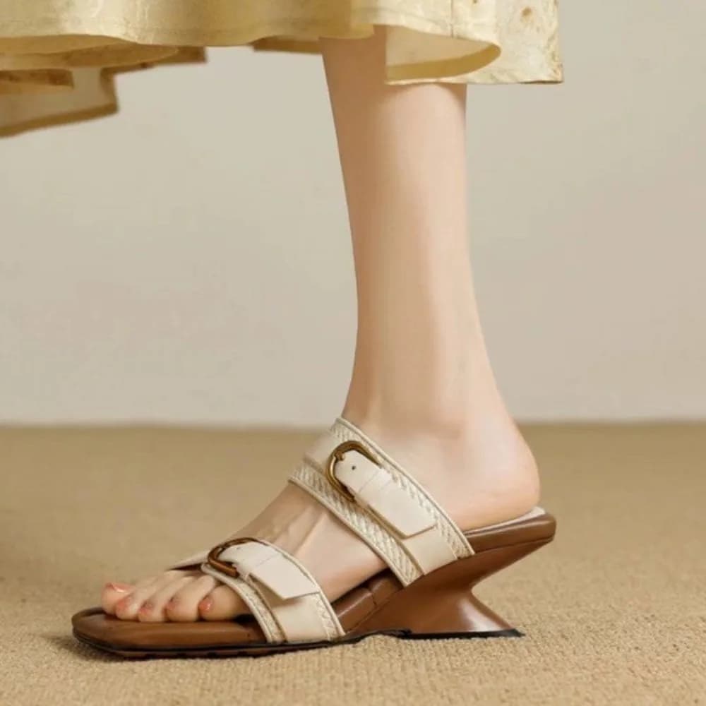 Vintage Braided Belt Buckle Open Toe Wedges Women's Sandals Summer New Square-toed Outdoor High-heeled Slippers