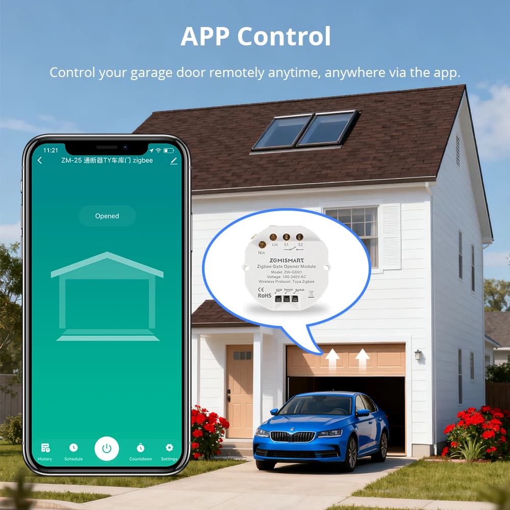 Controller Intelligente per Porta del Garage Zemismart Zigbee, Interruttore Inline Mini, Apriporta con Allarme e Timer, Compatibile con App Tuya Smart Life