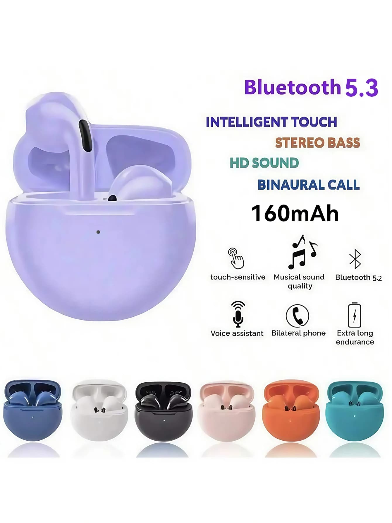 New Upgrade Pro6 Wireless Bluetooth 5.3 Earbuds, Dreamy Lavender Purple Half In Ear Headphones Touch Stereo Bass HD Call Mini Po