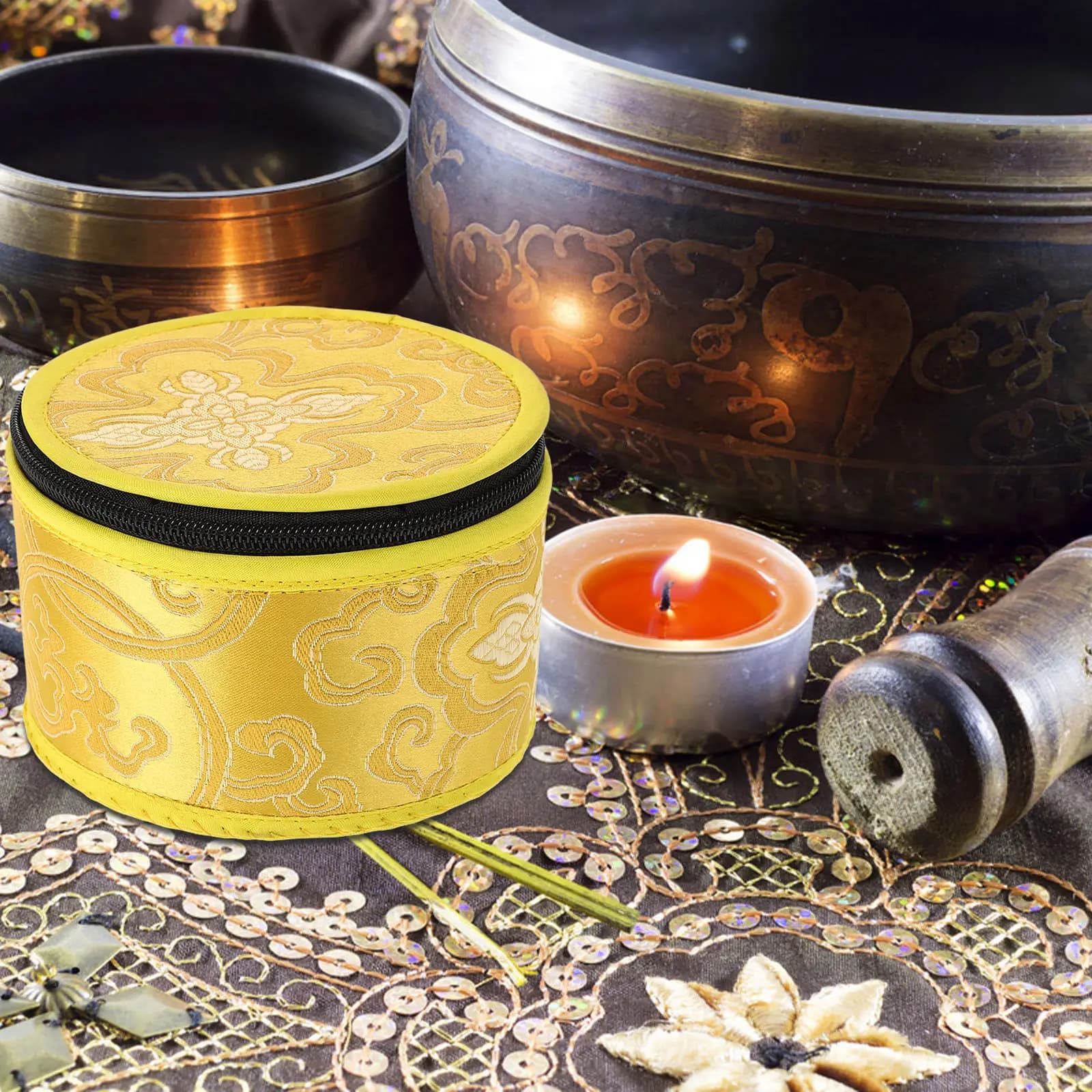 Delicate Handmade Tibetan Singing Bowl Case Compact Meditation Bowl Storage Pouch with Cultural Patterns Ideal for Buddha Sound