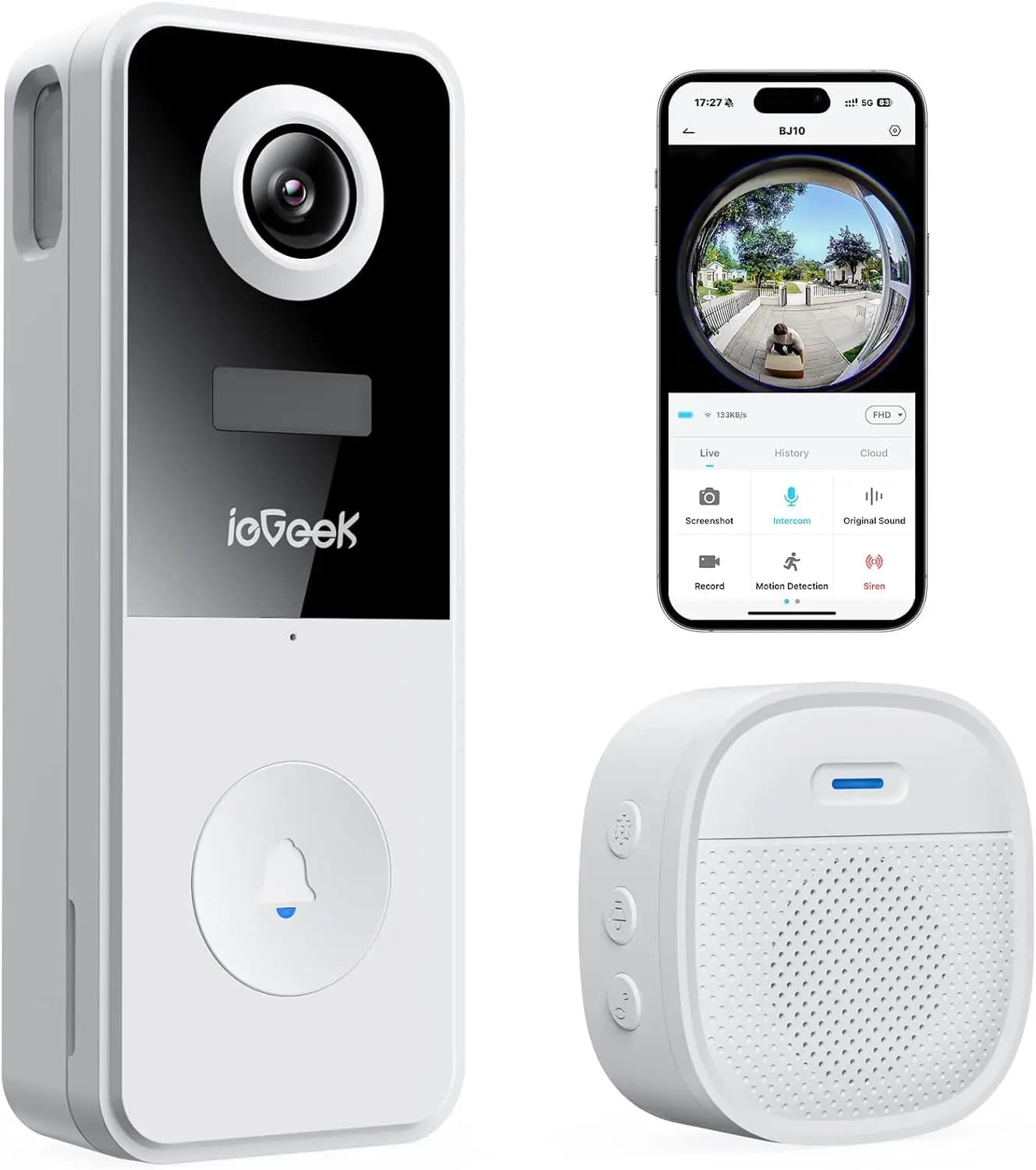Campanello Video Wireless con Campanello Acustico, Telecamera 3MP, 180° ° Visione notturna, rilevamento del movimento tramite IA, compatibile con Alexa