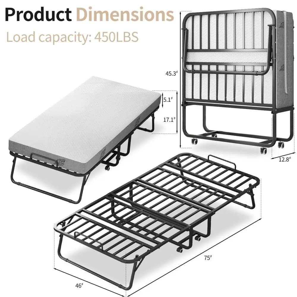 Letto pieghevole di lusso con materasso in memory foam da 5 pollici su ruote per una facile conservazione con struttura in metallo 7546
