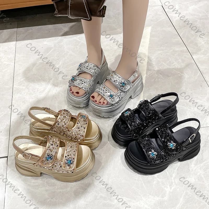 Comemore 8.5CM Chunky Platform Bling Rhinestone Sandals Women High Heels Wedge Ladies Beach Summer Fashion Sandalias Femmes
