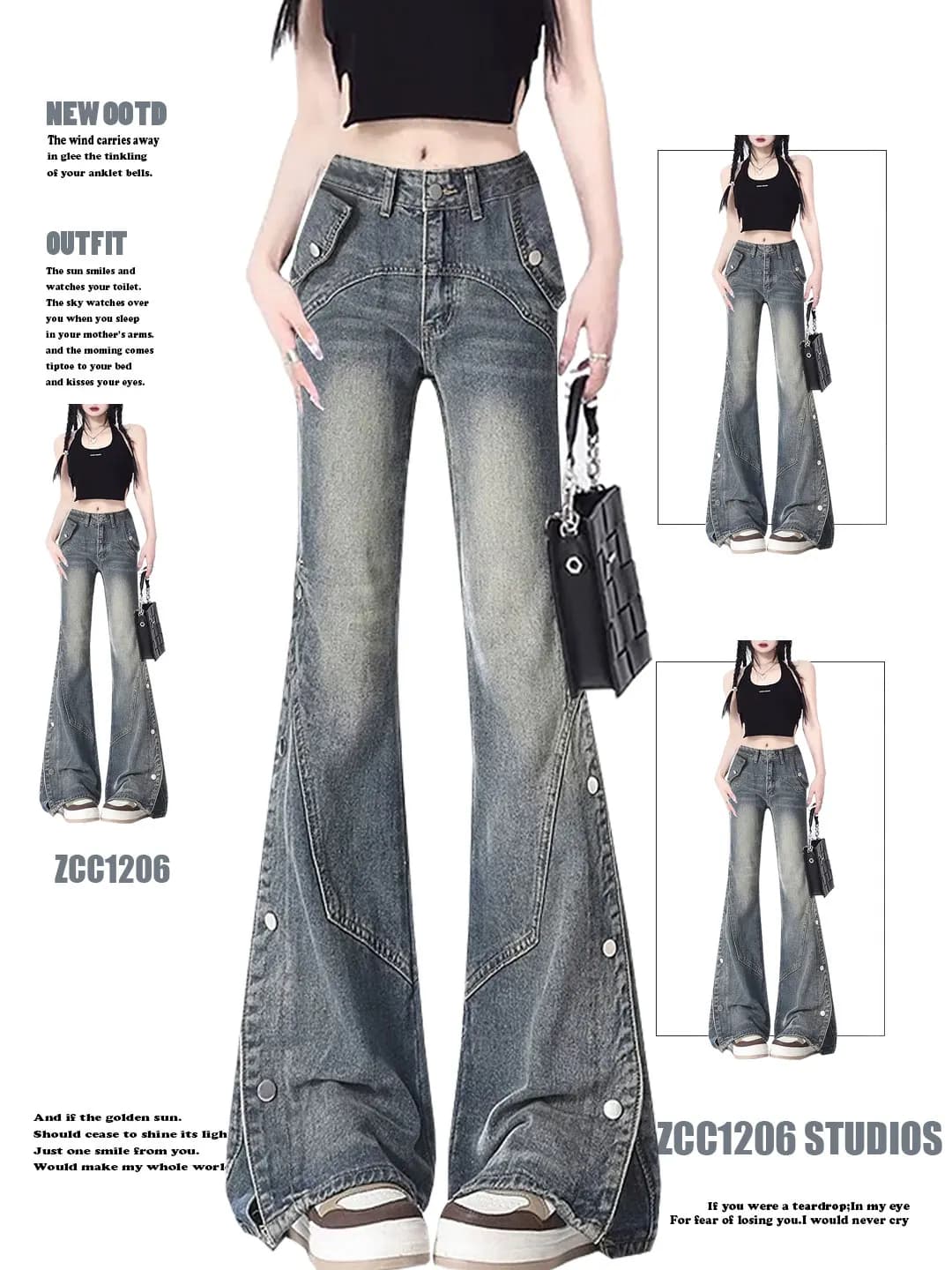 Jeans American Vibe Retro con Bottoni e Spacco, Micro Flared, Design High Street, Vita Alta, Slim Fit, Pantaloni Lunghi