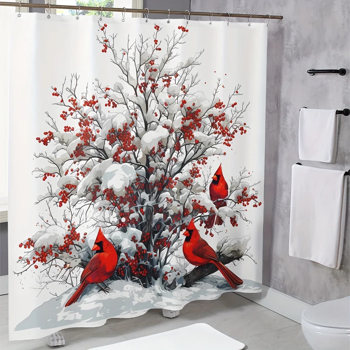 Set di tende da doccia con paesaggio innevato con uccello rosso natalizio - Poliestere, tappetino per WC a forma di U, coprisedile per WC, paesaggio invernale festivo