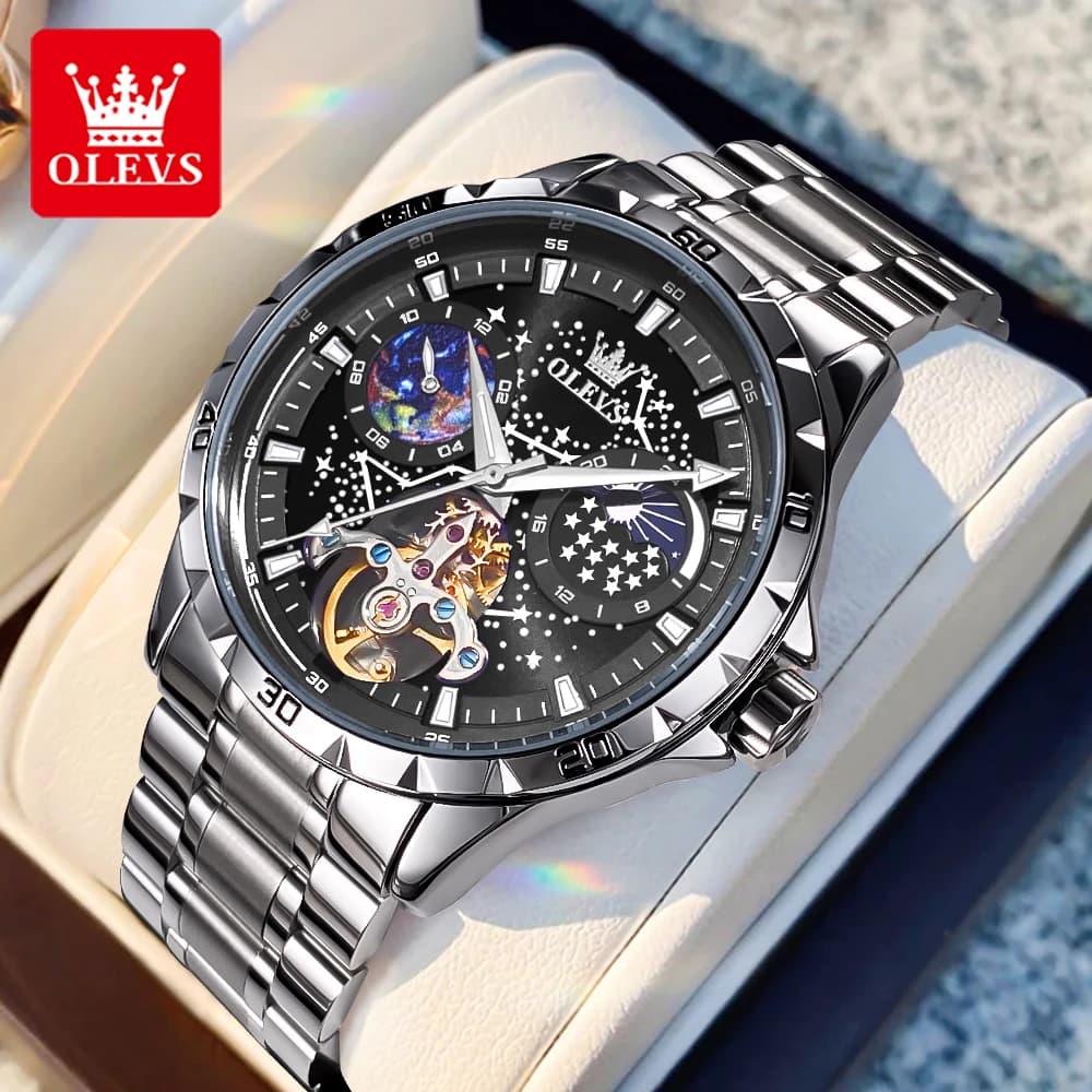 OLEVS 6689 Men's automatic watch with luxury brand lunar phases, chronograph with skeleton flywheel, bright starry sky, original man's watch
