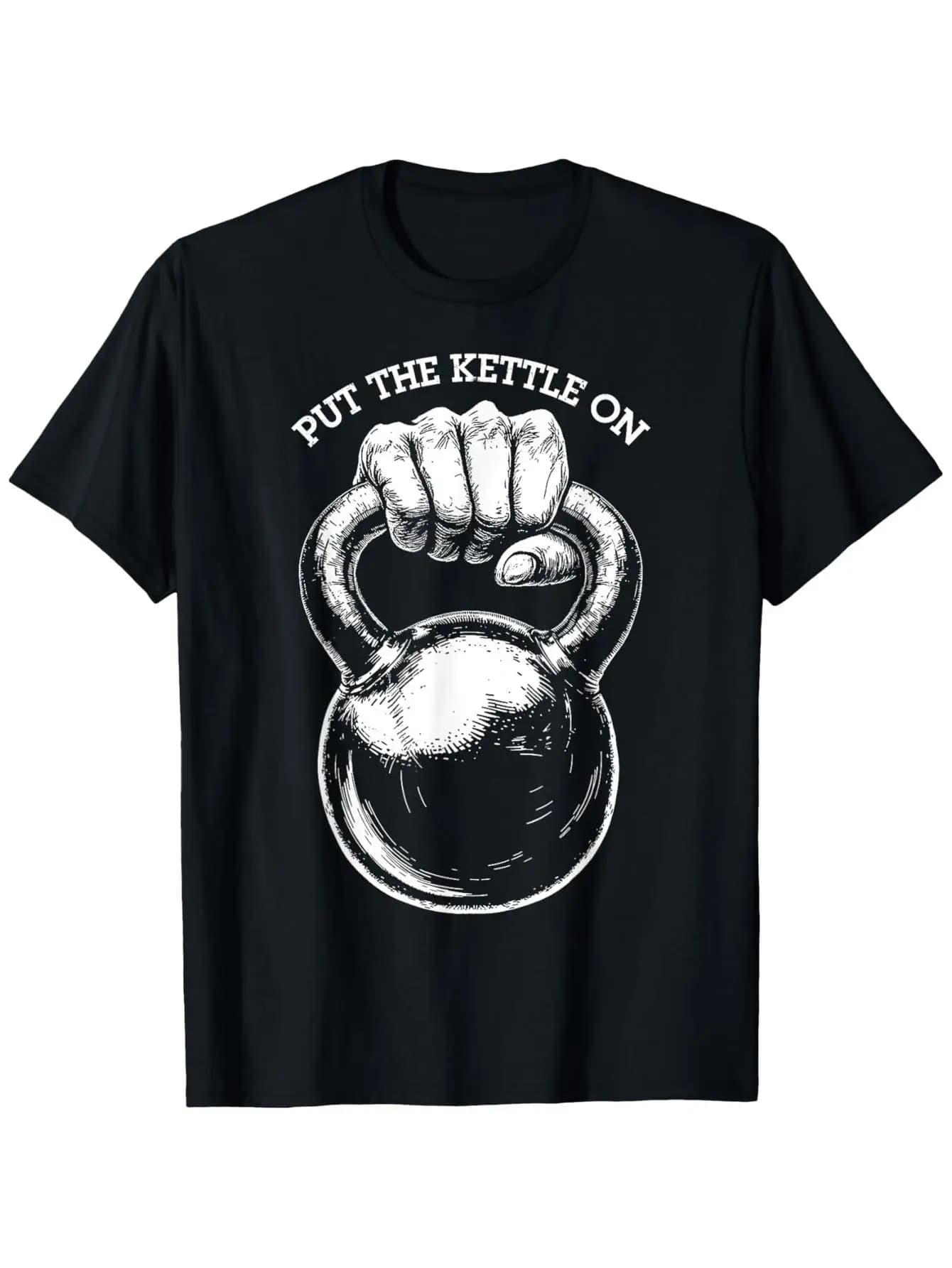 Short Sleeved Cotton Training T-shirt with Graphic Printing Put The Kettle On Kettlebell
