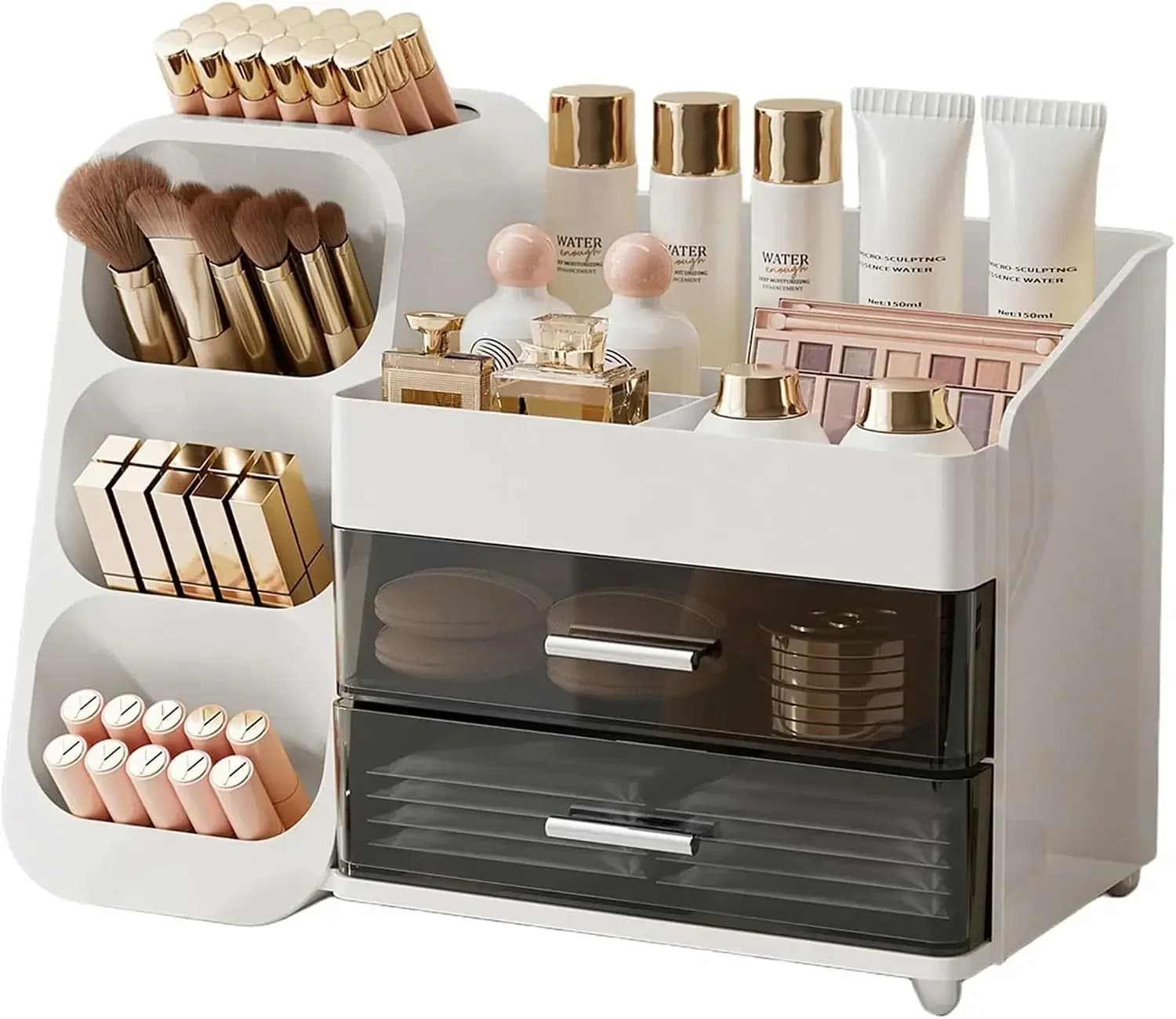 vanity storage box with brush holder, large-capacity bathroom skin care product storage box with 2 drawers, perfume and cosmetics display case, eyeshadow palette, nail polish.