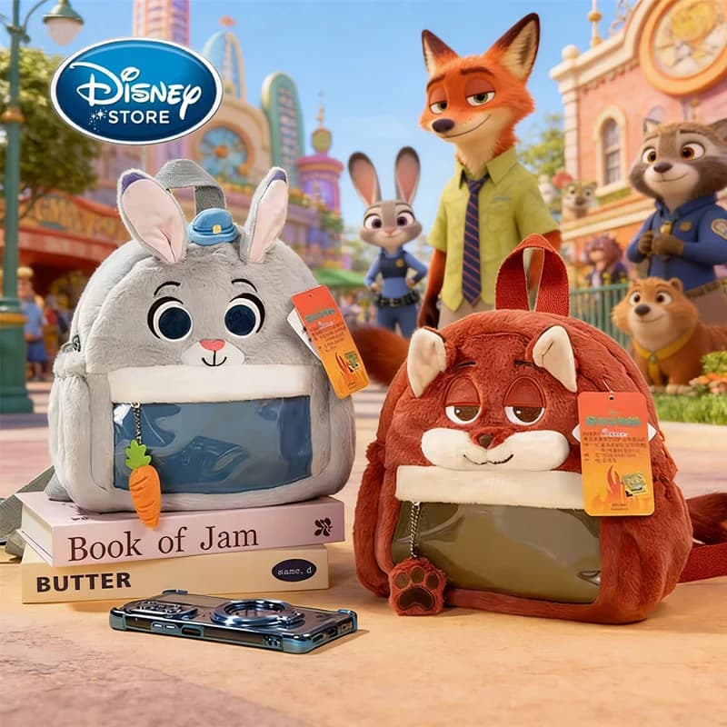 Zaino in peluche Disney Zootopia Judy Hopps e Nick Wilde, borsa da scuola soffice a forma di cartone animato per bambini con tasca trasparente