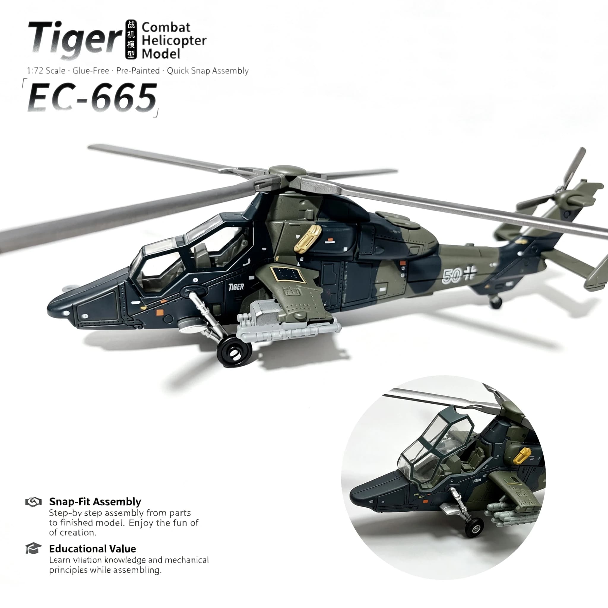 1:72 Scale DIY Assembly Military Helicopter Model Kit, Openable Cabin Door, Detachable Accessories, Collectible Desktop Decor, I