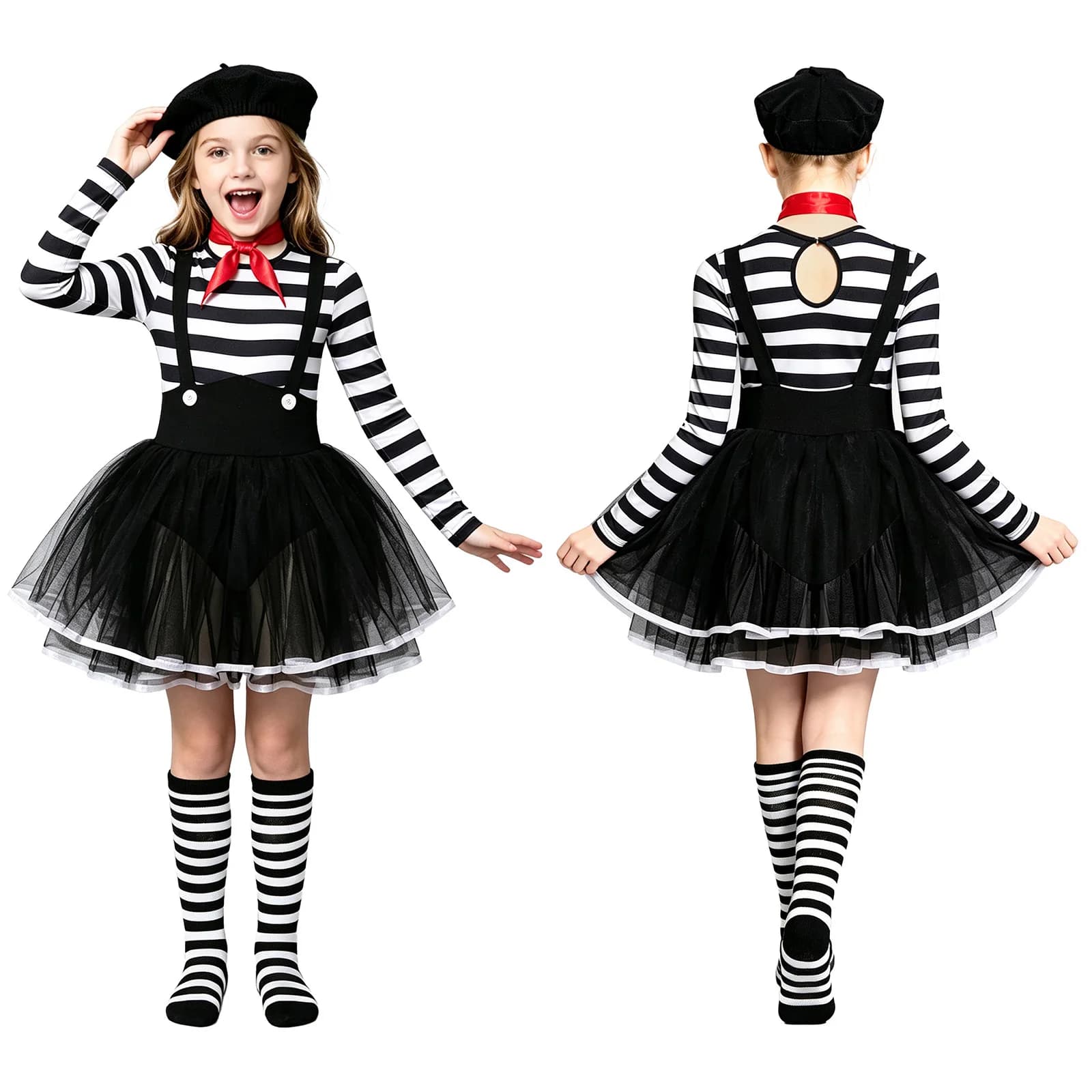 Girls Halloween Party Circus Wicked Clown Costume Long Sleeve Striped Mesh Tutu Art Movie Joker Jester Dress with Hat Neck Scarf
