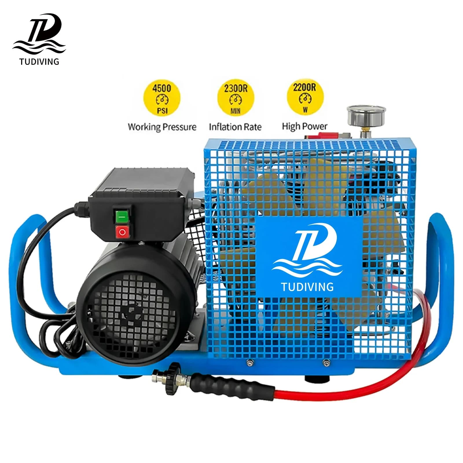 Air compressor for underwater diving TUDIVING Auto Stop MCH-6 four cylinder, 100LPM, high pressure 300 bar 4500 psi, for snorkeling and scuba diving.
