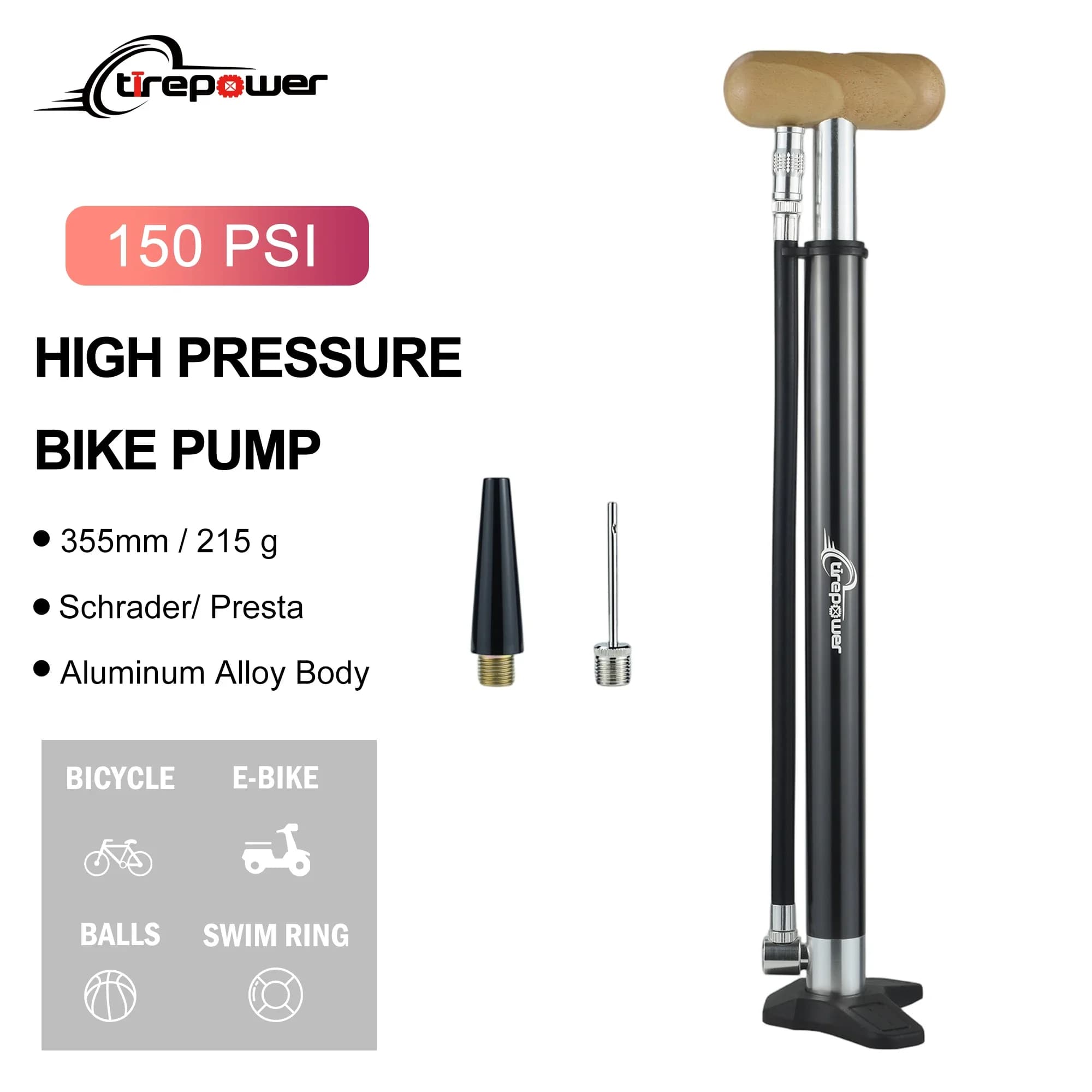 Aluminum Alloy Floor Bike Pump with Wooden Handle 150PSI Air Pump with Schrader Presta Valve Adapter Hand High Pressure Pump