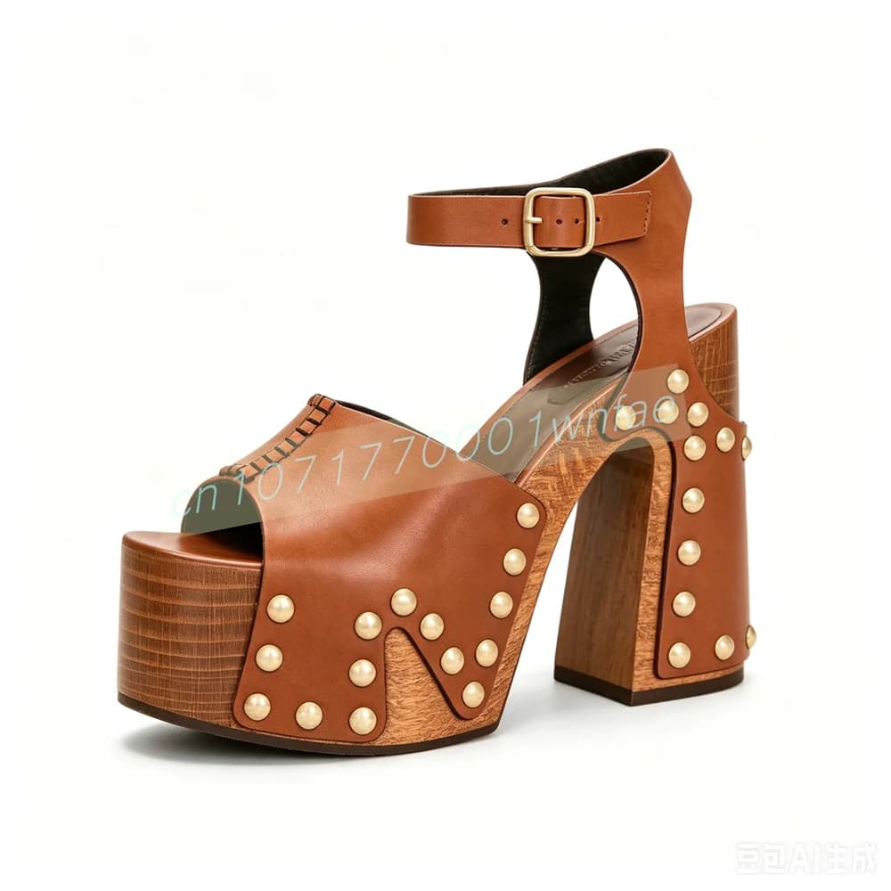 Women Faux Leather Platform Sandals Open Peep Toe Round Rivet Wooden Block Heel Ankle Buckle Strap Retro Party High Heel Sandals