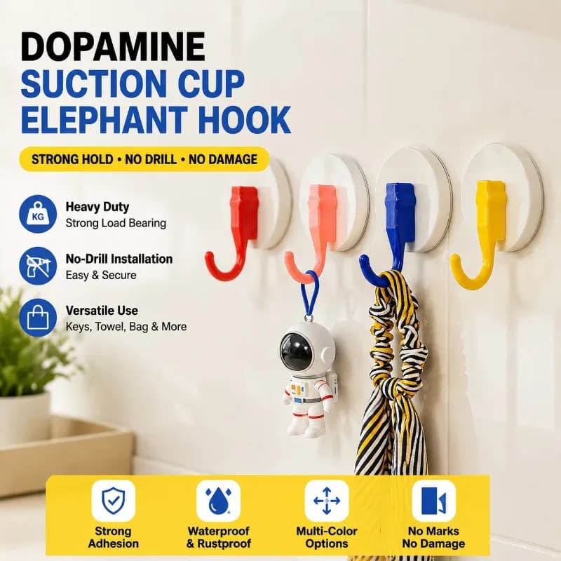 Dopamine Suction Cup Elephant Hook, Heavy Duty No-Drill Wall Hooks, Strong Load Bearing Adhesive Hooks for Keys, Towel, Bag,