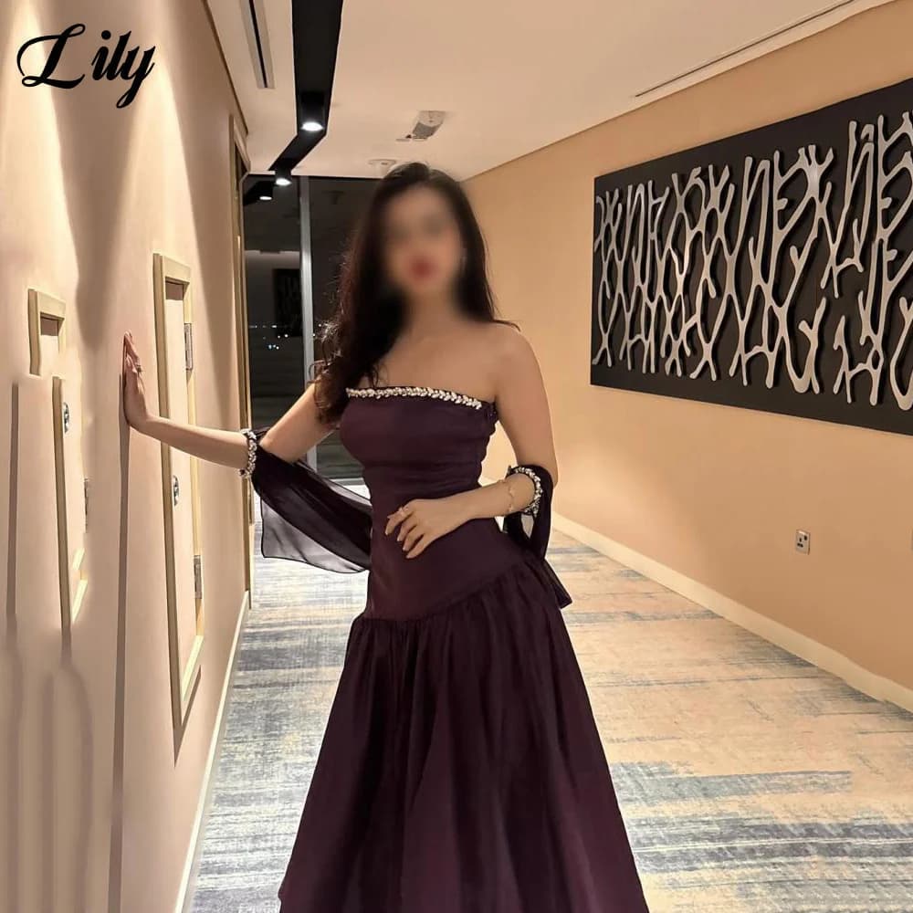 Lily Plum Prom Dress Strapless Gala Dresses Crystal Party Dress with Beaded Sleeves Saudi Arabic Evening Party Gown Customized