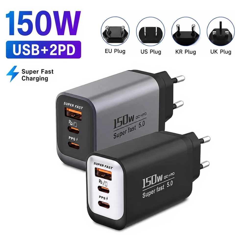 USB C Charger 150W 3 Ports Fast Charging Charger QC3.0 USB Type C Chargers Travel Adapter for iPhone Samsung EU/KR/US/UK Plug