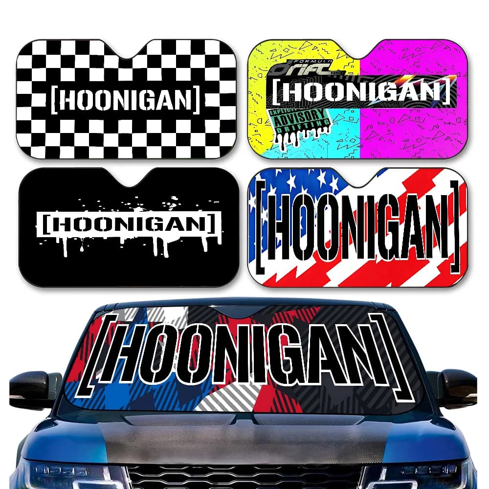 Hoonigan Driven By Passion Racing Logo Finestra per auto Parasole Parabrezza Protezione anti-UV Copertura per blocco parabrezza anteriore posteriore