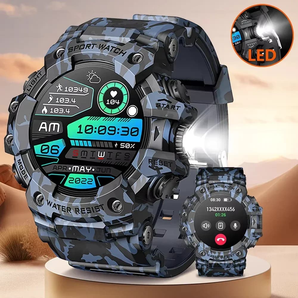 Smart Sporty Men's Watch for Exterior, Waterproof, With Bluetooth Call, Compass, Sleep Monitoring and Health, Message notifications, Flashlight