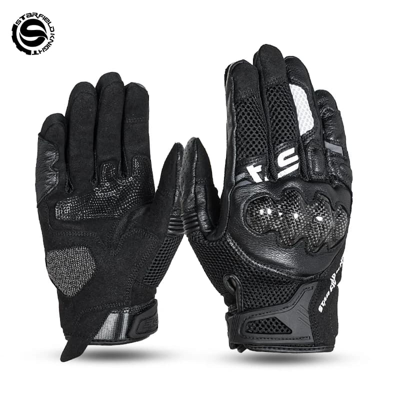 SFK Black Motorcycle Gloves Real Goat Leather Summer Breathable Full Finger Riding Carbon Fiber Joint Protection Racing Gears