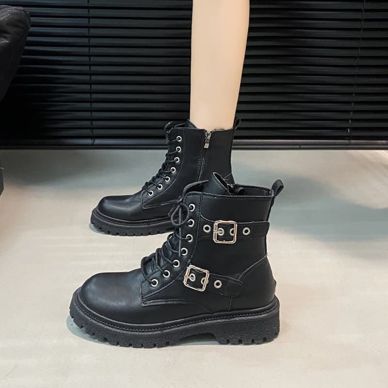 Nuove scarpe da moto con cerniera laterale alla moda con punta tonda tinta unita eleganti stivali da donna antiscivolo con lacci casual caldi