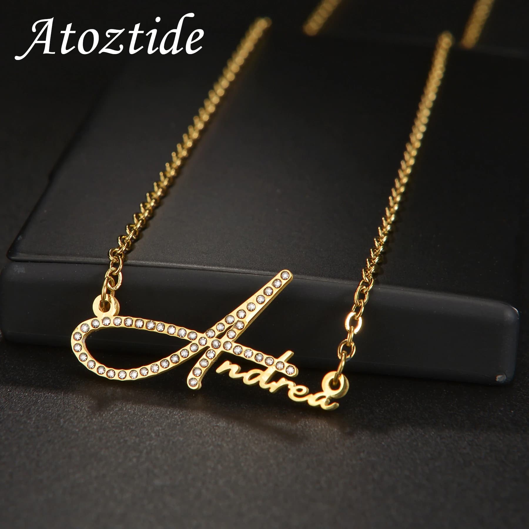 Atoztide Personalized Custom Zircon Letter Name Necklace for Women Stainless Steel Pendant Link Chain Birthday Jewelry Gift