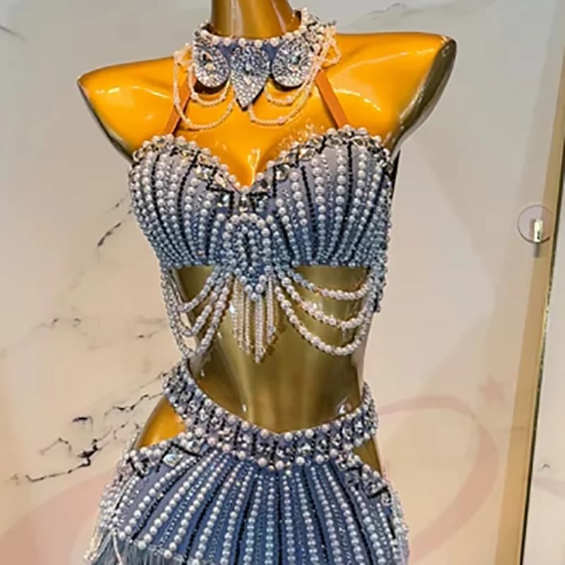 Abito da ballo latino per bambini adulti con strass Abito di perle personalizzato di fascia alta Gonna con nappe Tango Abbigliamento professionale da donna