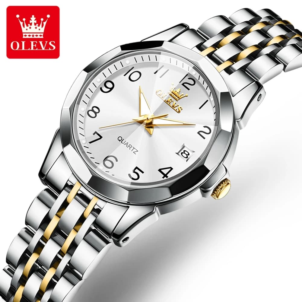 OLEVS Women's Quartz Watch Rombo Mirror Solid Stainless Steel Date Digital Dial Waterproof Elegant Wrist Watch Gift Set