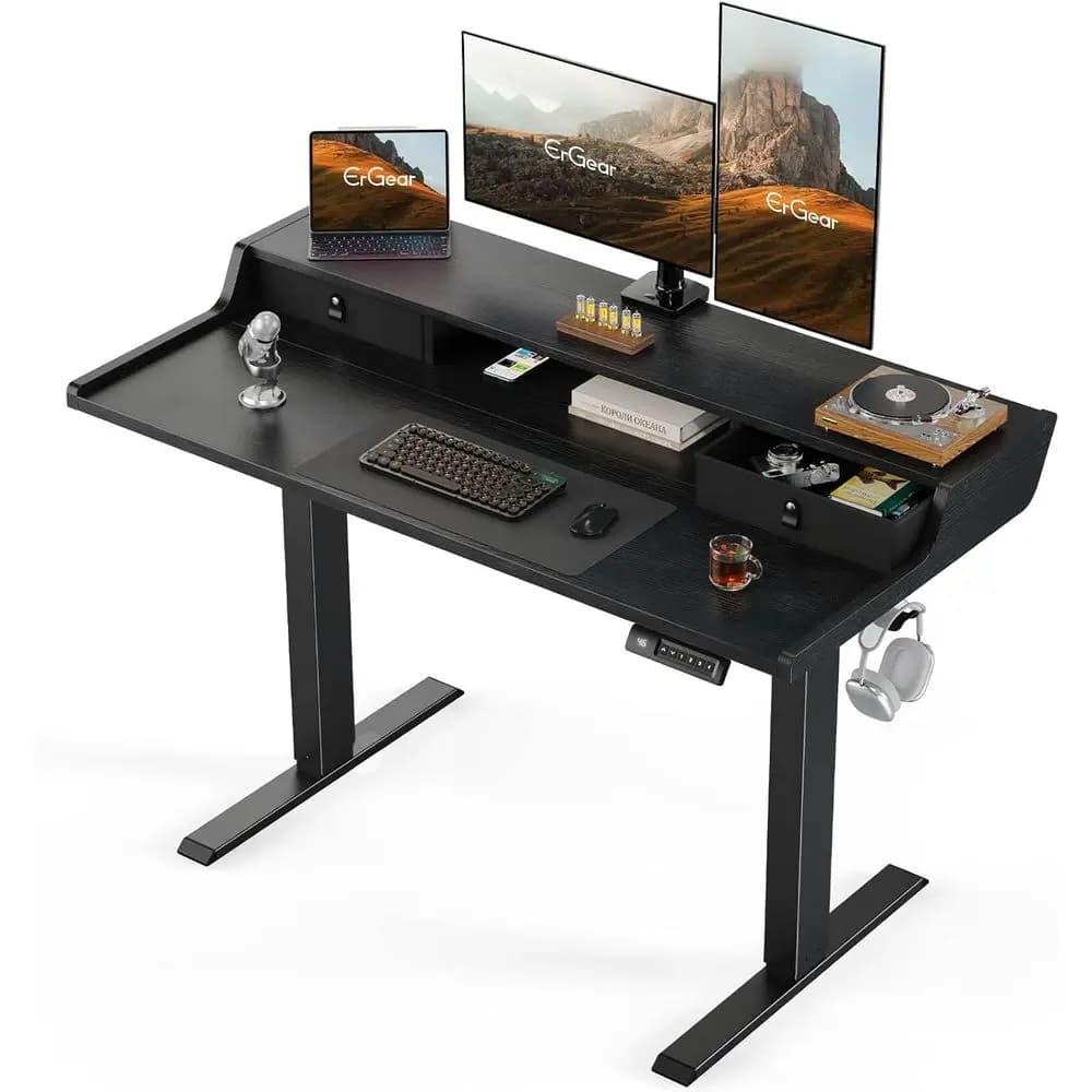 Height-Adjustable Electric Standing Desk, 48x24 Gaming Table with Monitor Stand, Storage Shelf, 4 Preset Heights, Black