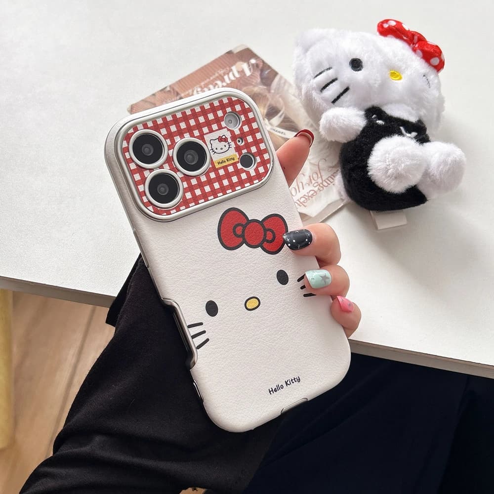 Custodia per telefono antiurto in pelle rigida con protezione lente e fiocco, design simpatico cartone animato Sanrio Hello Kitty, per iPhone 17 16 15 14 13 Pro Max