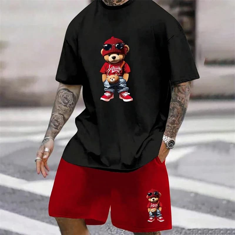 T-Shirt Fun Bear Harajuku da Uomo, Completo Estivo Casual per Coppia, Abbigliamento da Strada con Maniche Corte e Pantaloncini, Set Estivo da Uomo in Due Pezzi