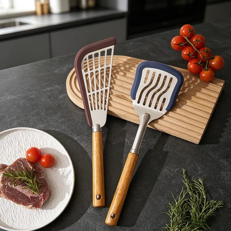 Wood Handle Stainless Steel Slotted Spatula with Silicone Edge Frying Shovel for Non‑stick Pan Fish Steak Cooking Kitchen
