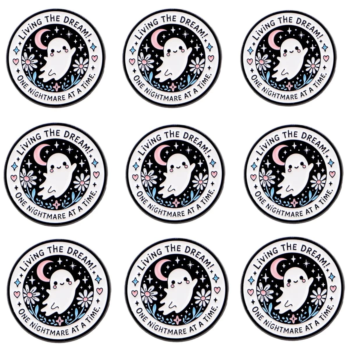9pcs Cute Ghost Enamel Pin "Living The Dream One Nightmare At A Time" Brooch Set Halloween Lapel Pin for Backpacks