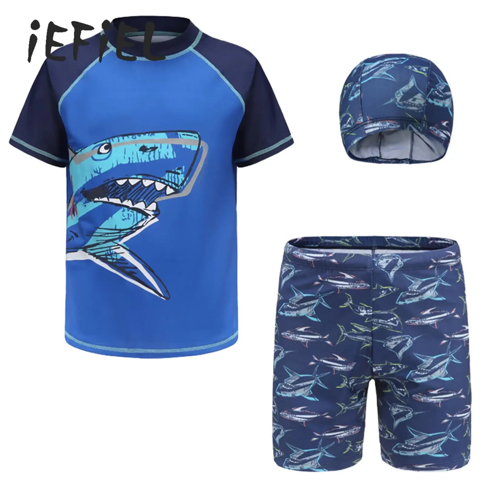 Set of 3 pieces Rashguard for kids and boys, sun protection, short sleeves, shark print, bath shirts and swimsuit with swim cap