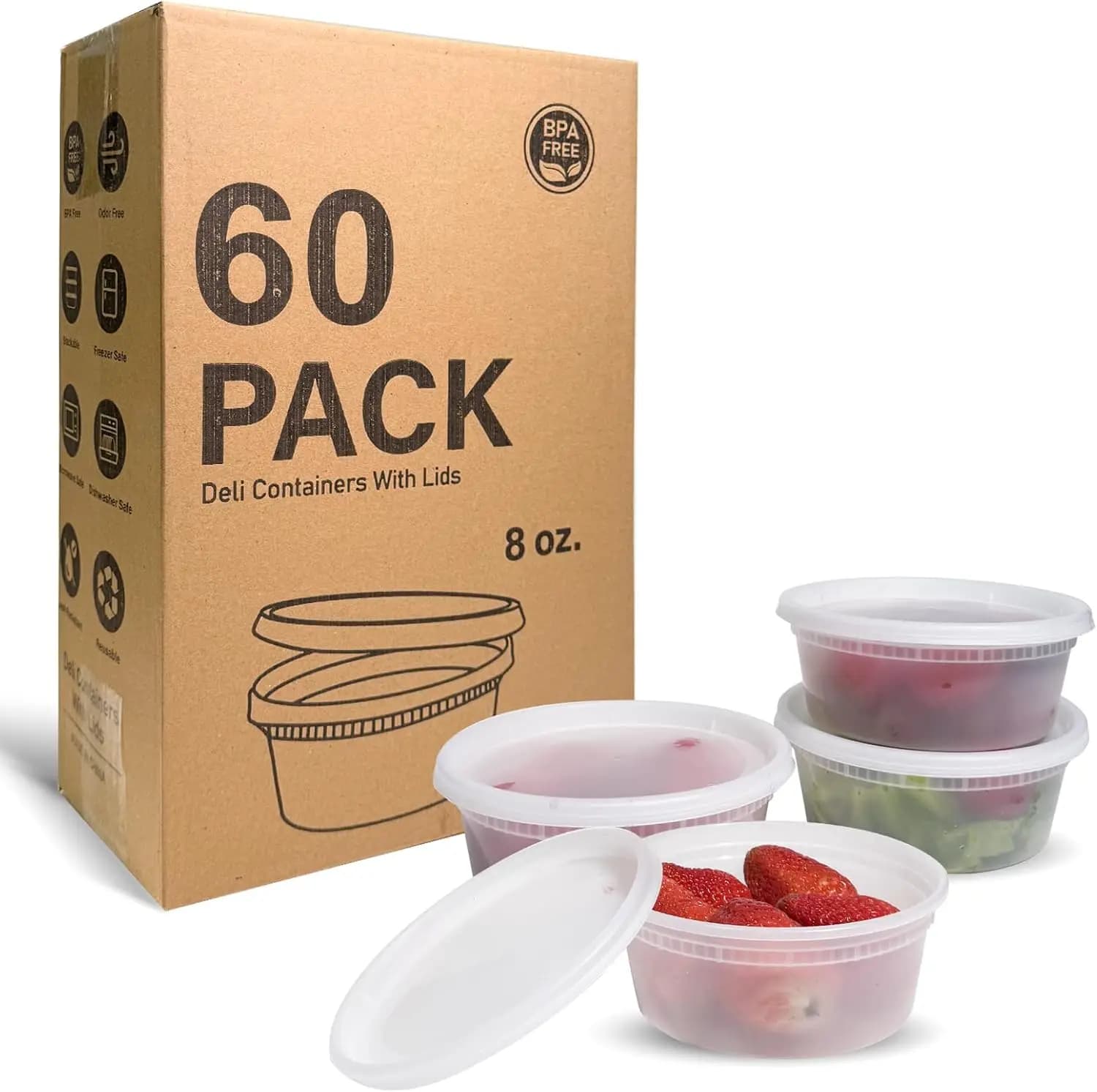 Confezione da 60 Contenitori Deli da 8oz con Coperchi Ermetici, Tazze per Zuppa in Plastica Senza BPA, Adatte per Preparazione Pasti, Congelatore e Microonde