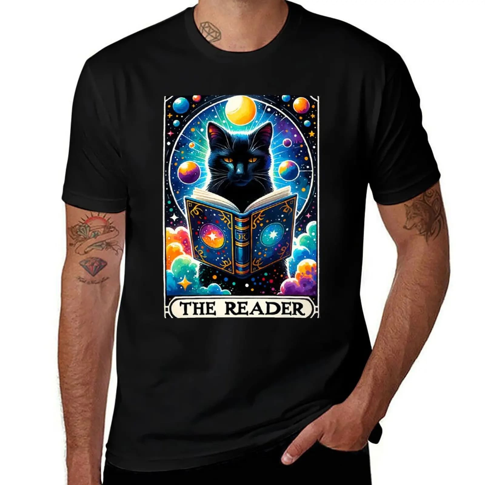 The Reader Funny Cat Tarot Card Parody T-Shirt Casual Everyday Short Sleeve T-Shirt