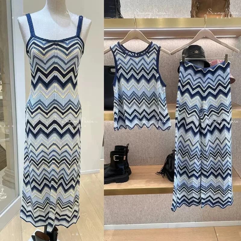 Spring Summer Gradient Color Block Geometric V Neck Knitted Dress Casual Geometric V Neck Top High Waist a Line Skirt