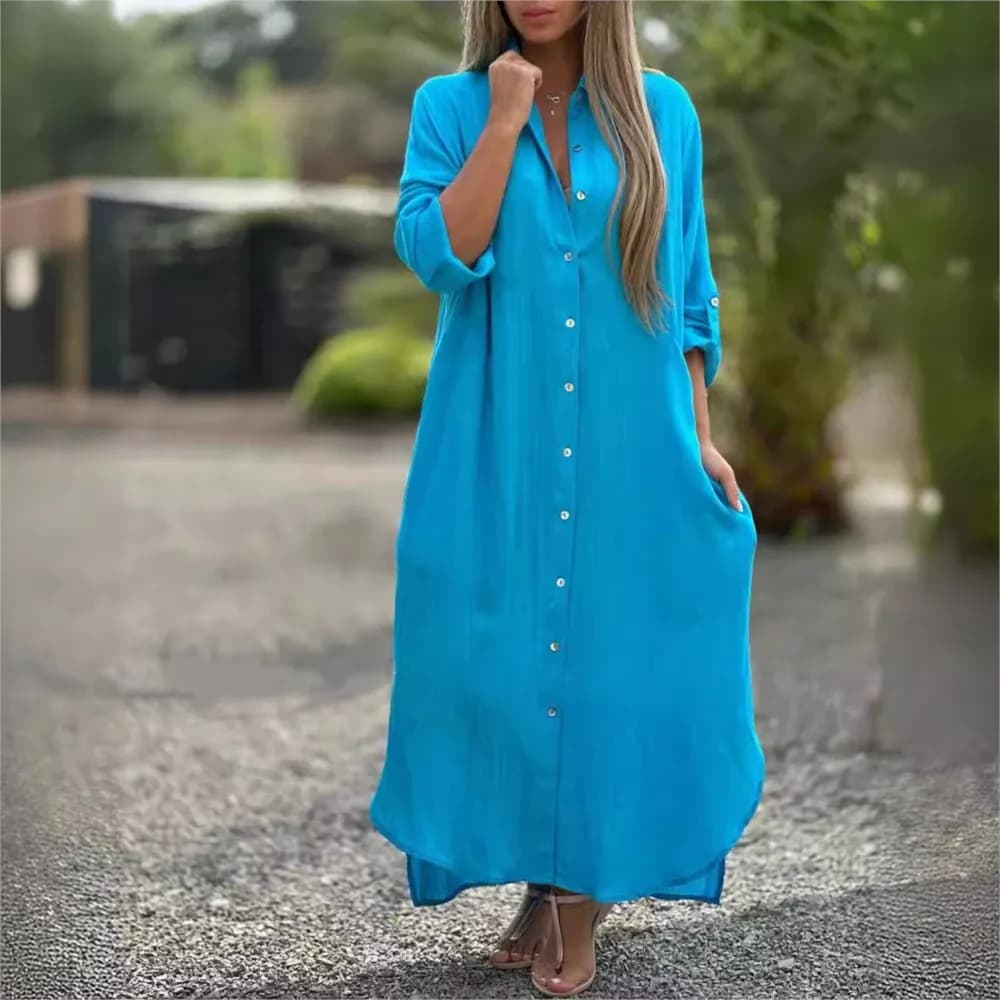 Women's Dress 2024 Wide Shirt in Cotton And Linen Long Dress Cardigan Casual Long Sleeved Fashion Solid Color Irregular Dress