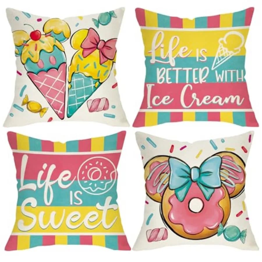 Summer Ice Cream Decorative Throw Pillow Covers 18 x 18 Set of 4, Life is Sweet Donut Porch Outdoor Home Decor, Cute Candy Bow