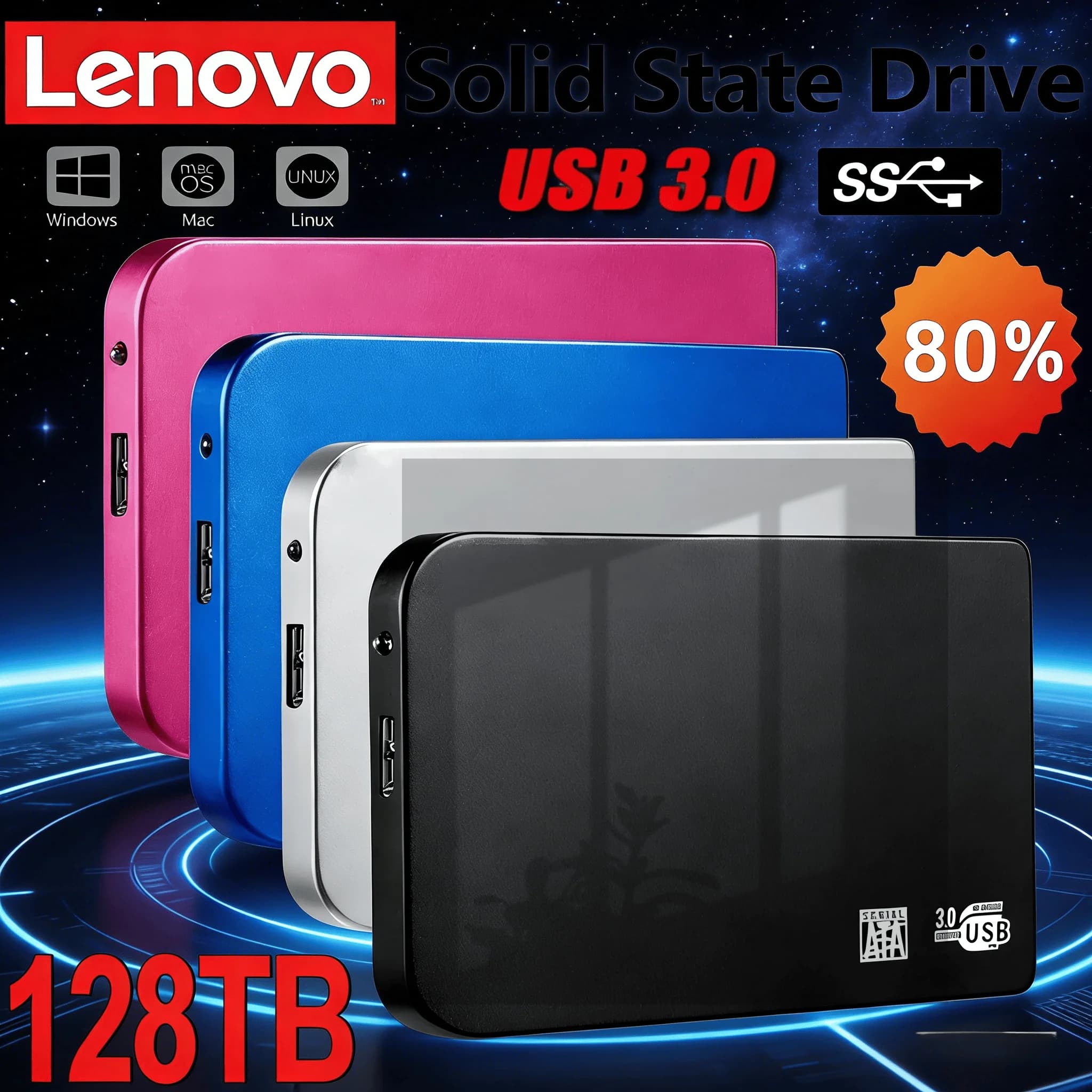 Enclosure SSD Lenovo 128TB USB 3.0 ad alta velocità, custodia esterna per disco rigido, box di archiviazione HDD con cavo USB