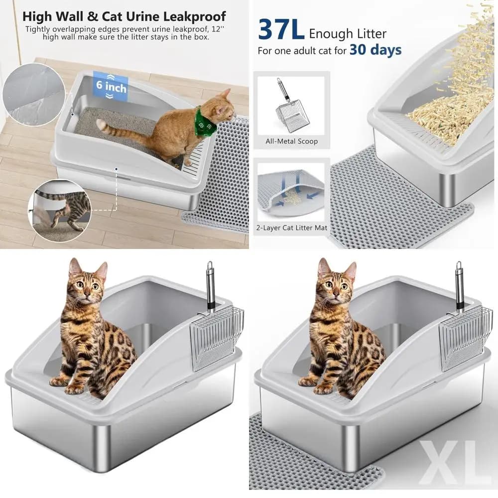 Lettiera per Gatti Extra Large in Metallo con Coperchio, Anti-Perdita, Antiaderente, Include Tappetino e Paletta