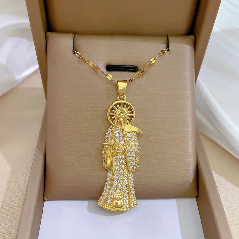 Stainless Steel Holy Death Necklace for Women Charming Trendy Christian Saints Jewelry Gold-plated Lucky Amulet Pendent Gifts