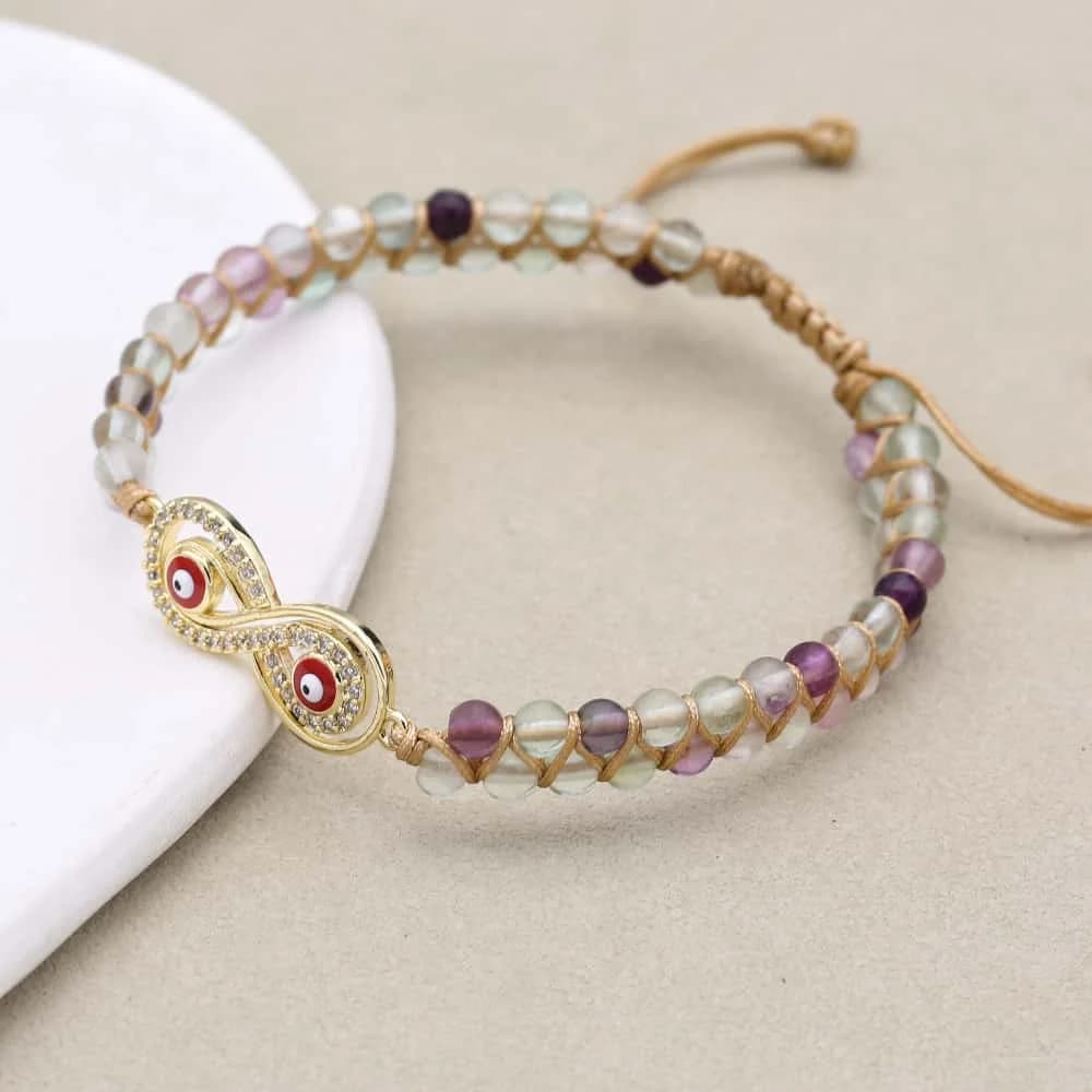 Bracciale da donna con ciondolo infinito in pietra naturale a doppio strato con fluorite intrecciata, strass, rame, occhi diabolici, gioielli fatti a mano